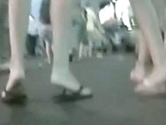 Sexy blonde babe shows her white panties on upskirt video