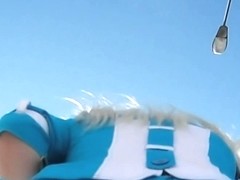 Stunning looking blonde babe in blue dress and voyeur