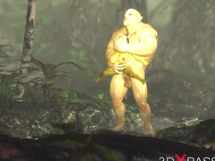 Horny female goblin Arwen and Green monster Ogre in the enchanted forest