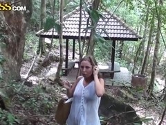 Cute girl kneels and starts sucking outside