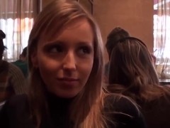 Blonde babe Stacy does blowjob in toilet