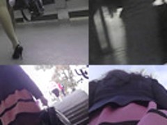 Long-legged brunette shows g-string in candid upskirts