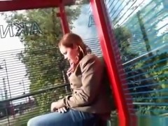 Crazy guy starts jerking off at a train stop, scaring the girl and making her leave.