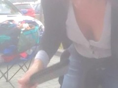 Amateur down the blue blouse shot at the market